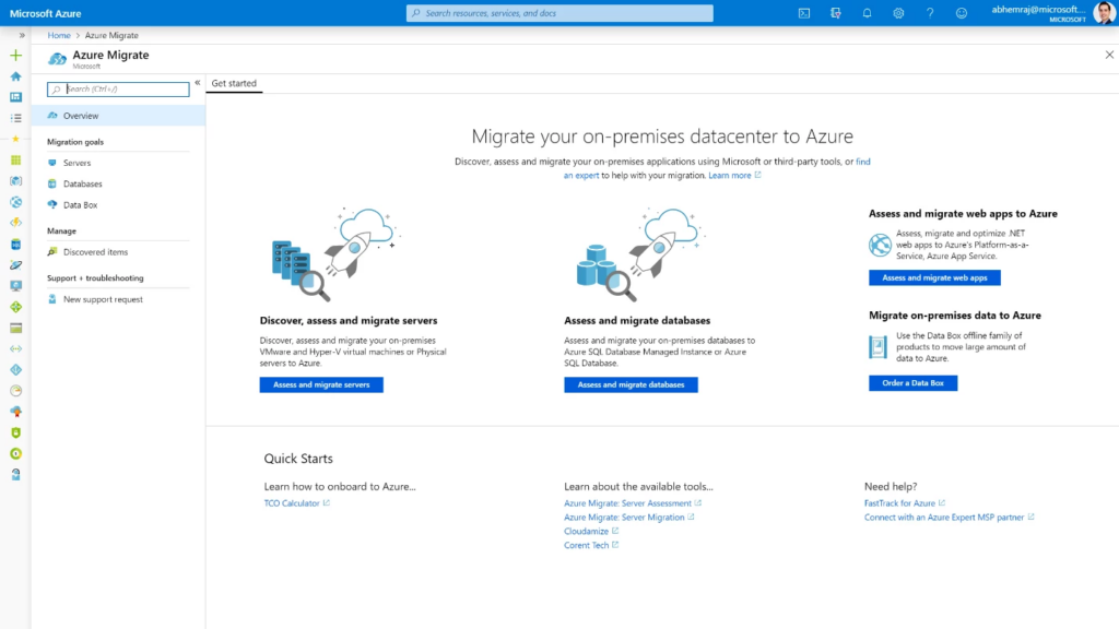 Azure Migrate dashboard for migrating on-prem datacenter to Azure Cloud